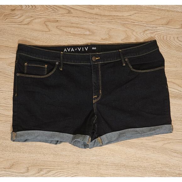 Ava & Viv Womens Plus Size 20W Midi Power Stretch Dark Blue Denim Rolled Shorts - Picture 1 of 7